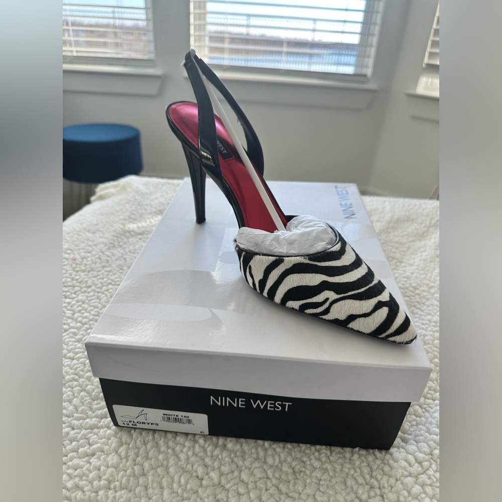 Brand new Nine West Flory Slingback Pump. 3 1/2 heel. Zebra Haircalf size 12M